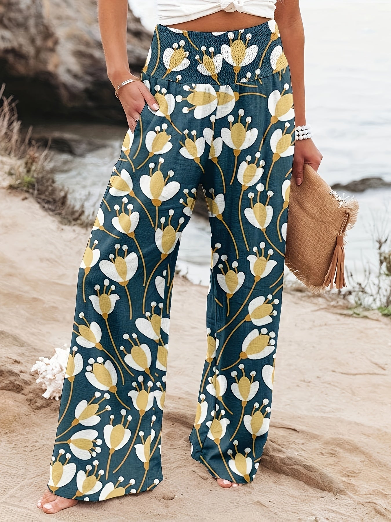 Floral Print High Rise Wide Leg Pants With Pockets