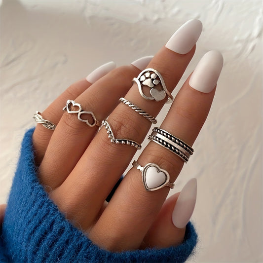 Boho Vintage Silvery Ring Set Heart Chain Shape Stackable Daily Decor