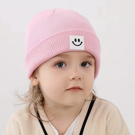 Winter Knit Hat with Smiley Face Pattern & Hood for Kids