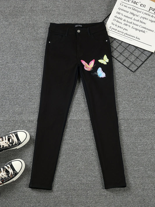 Butterfly Print Stretchy Denim Pants Skinny Jeans
