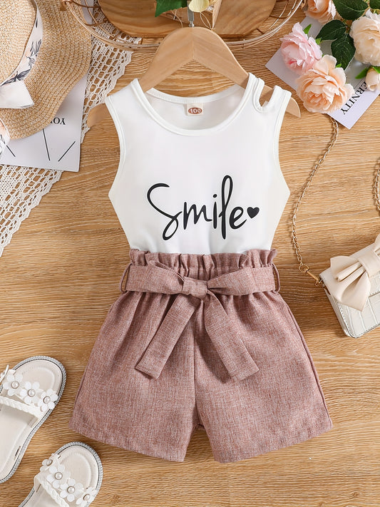Toddler Girls Letter Smile Heart Cut Out Tank Top & Shorts Set