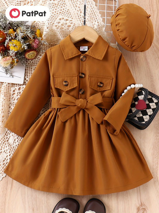 Toddler Girls Collared Bow Waist Shirt Dress With Pockets