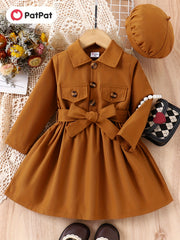 Toddler Girls Collared Bow Waist Shirt Dress With Pockets