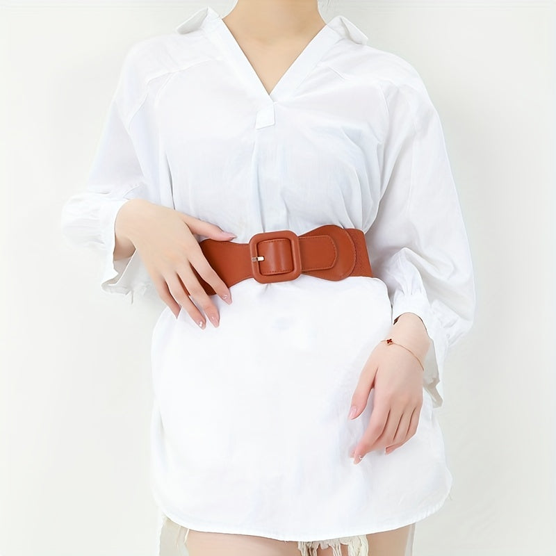 Vintage Square Buckle Wide Elastic Braided Belt Girdle Women Dress Accessories