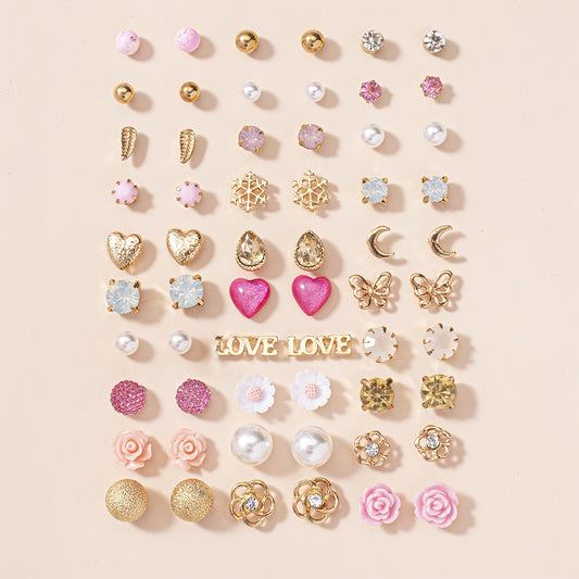 30 Pairs Assorted Stud Earrings Set with Zircon and Flower Designs