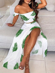 Boho Plants Print 2pc Set Off Shoulder Tube Top & Maxi Skirt Outfits