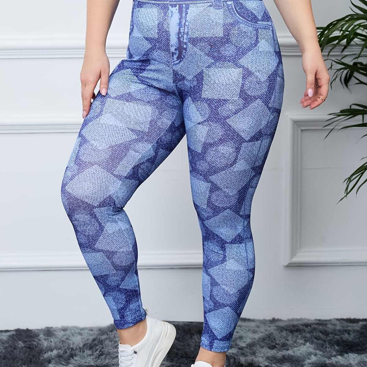 Geometric & Denim Print High Rise Fitness Leggings Women's Plus