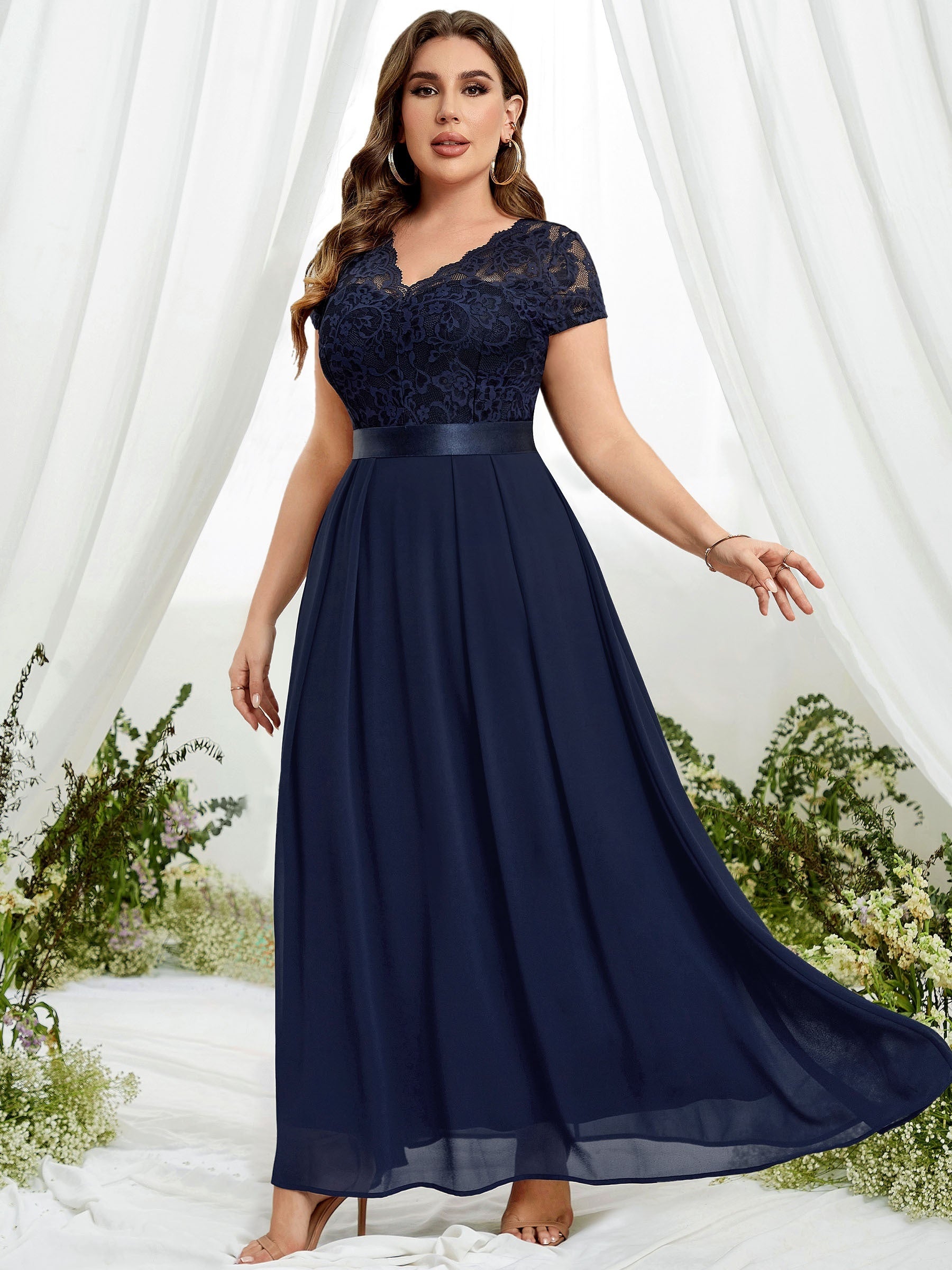  Bridesmaid Dress Solid Lace Short Sleeve V Neck Maxi Formal Dress