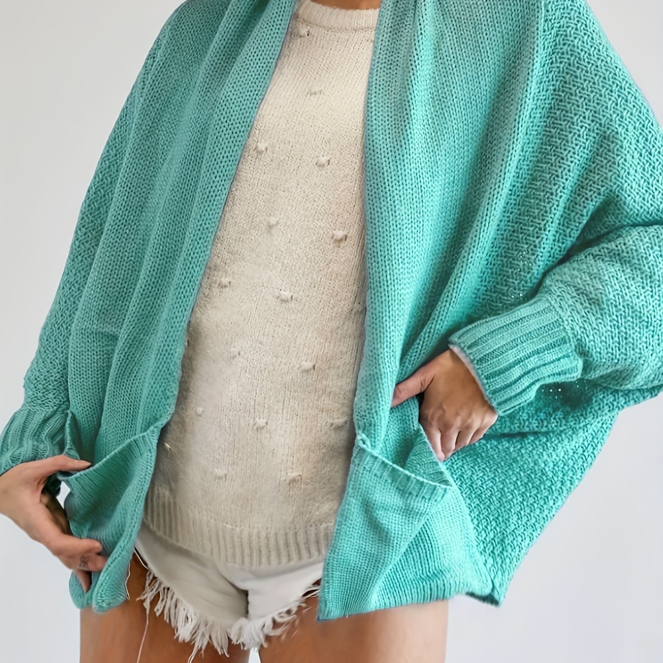  Solid Bat Sleeve Cardigan with Pockets