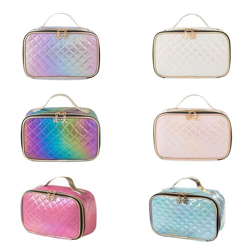 Large Capacity Hand Cosmetic Bag Waterproof Toiletry Handle Zipper Plaid Pattern