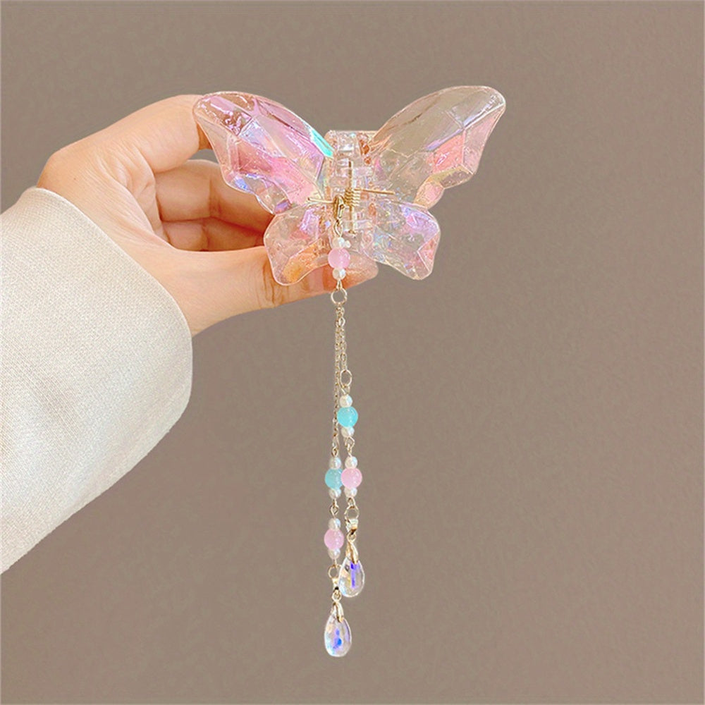 Crystal Butterfly Hair Claw with Beaded Pendant - Hair Accessories