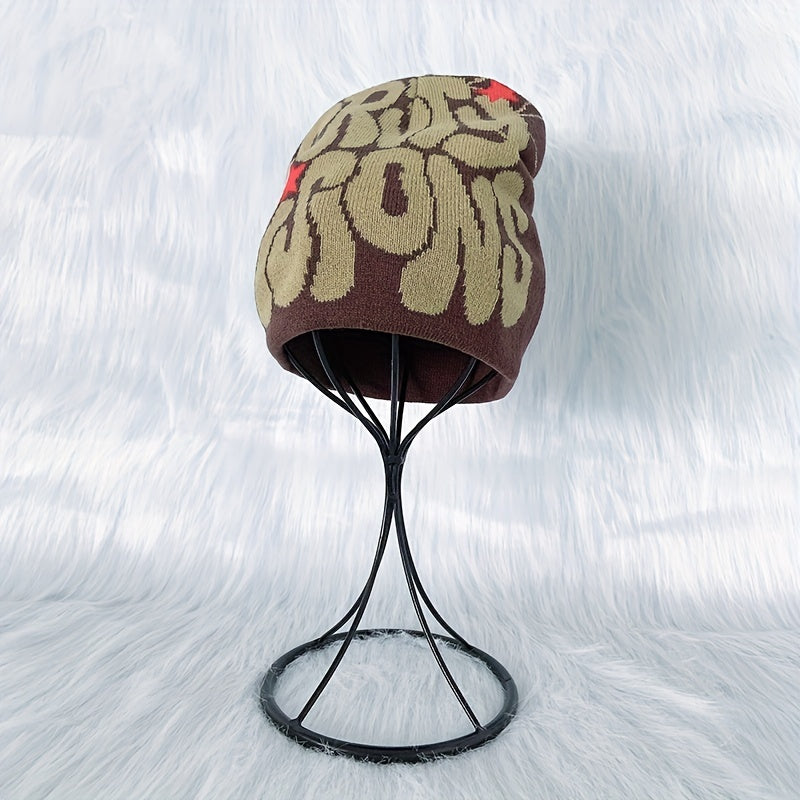 Y2K Candy Knit Beanie Hat Letter Jacquard Elastic Warm Skull Cap