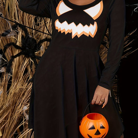  Halloween Dress Women's Plus Funny Face Print Long Sleeve Round Neck K