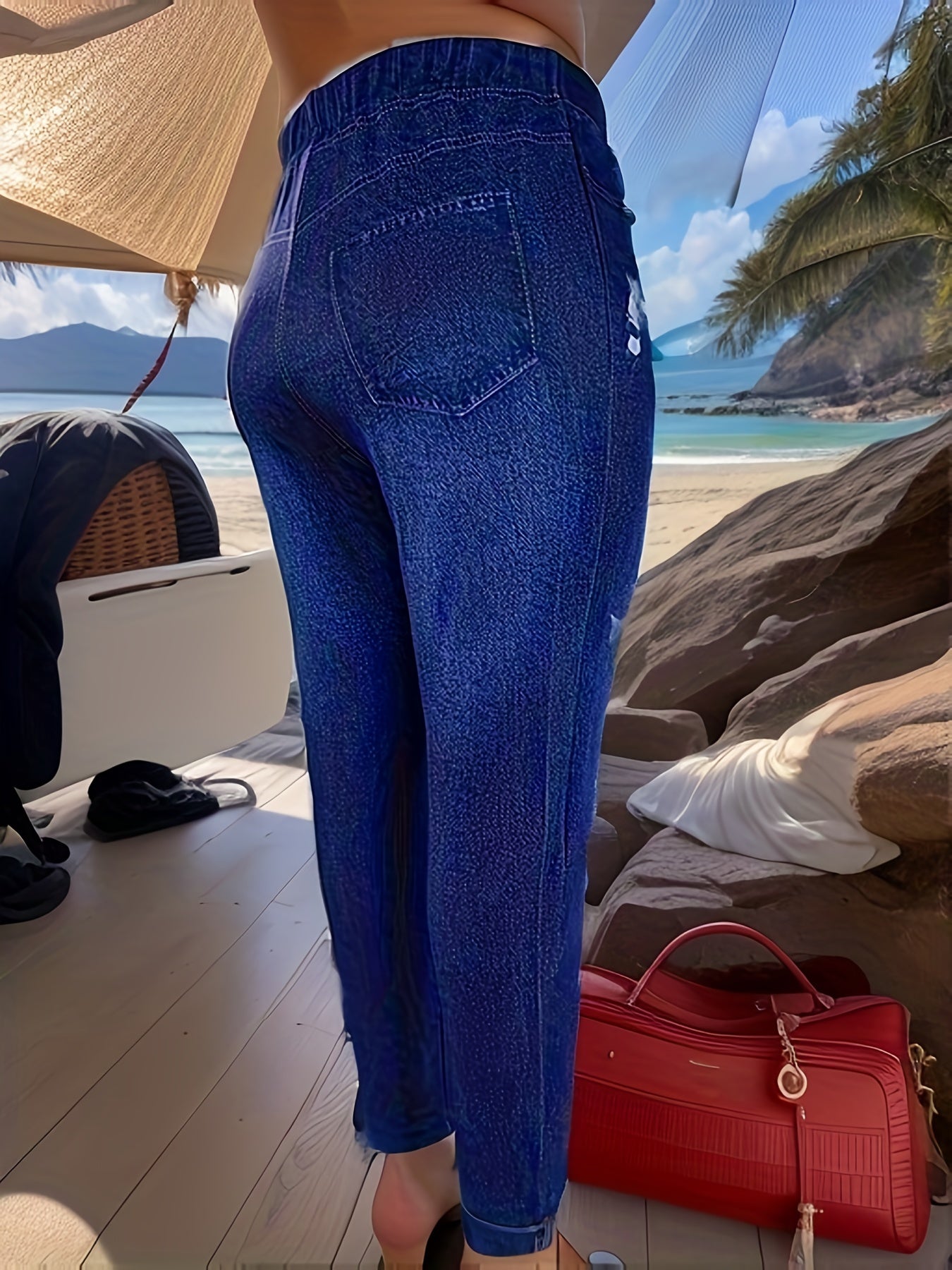  Denim Print Elastic Tapered Leg Trousers