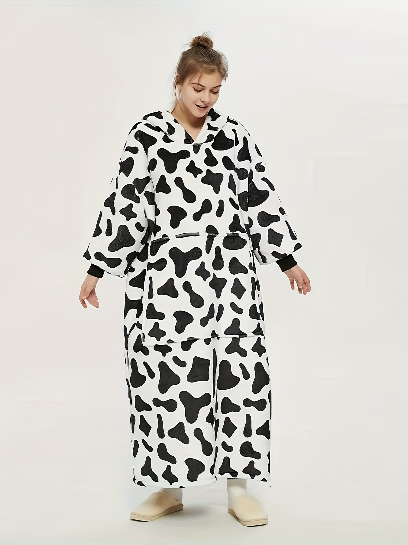 Cow Print Hooded Sherpa Fleece Robe Plus Size