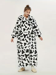 Cow Print Hooded Sherpa Fleece Robe Plus Size