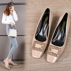 Rhinestone Chunky Heel Square Toe Patent Leather Pumps