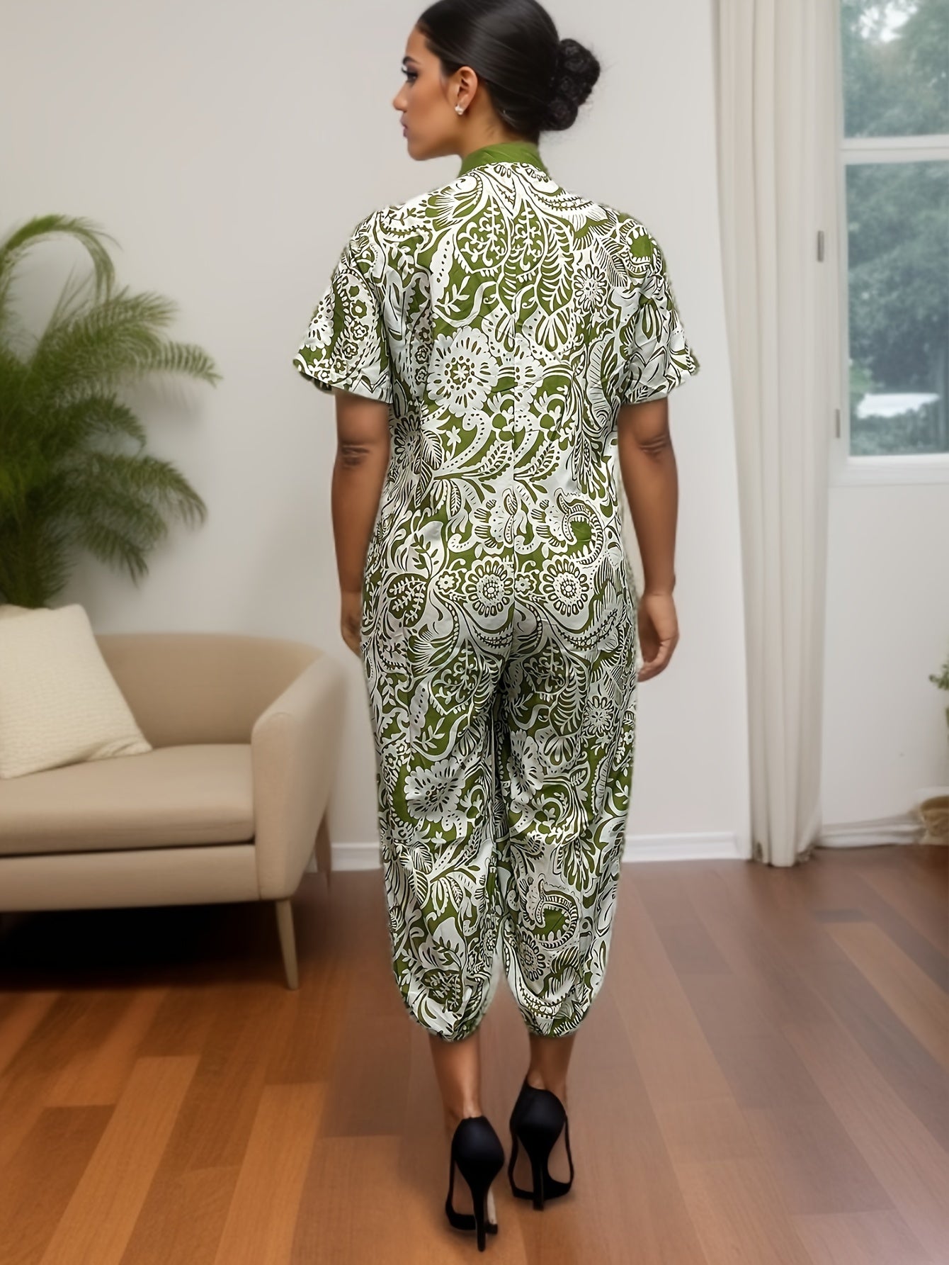  Floral Print Button Up Short Sleeve Jumpsuit