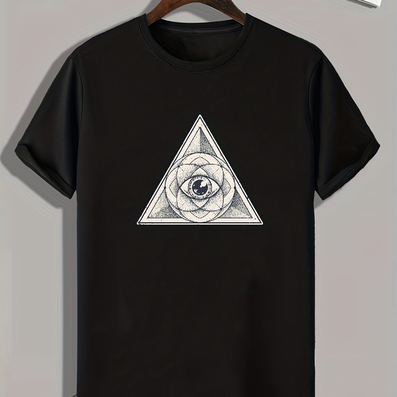 Triangle & Eye Print Men's Comfy T shirt Active Slightly Stretch Breathable Tee