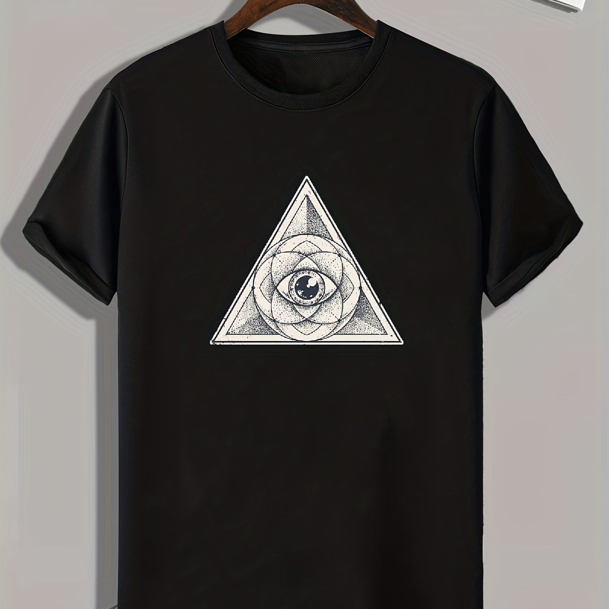 Triangle & Eye Print Men's Comfy T shirt Active Slightly Stretch Breathable Tee