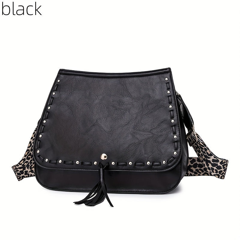Leopard Strap Crossbody Bag Tassel Shoulder Bag Goth Studded Decor Purses