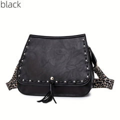 Leopard Strap Crossbody Bag Tassel Shoulder Bag Goth Studded Decor Purses