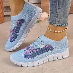 Women's Butterfly Print Slip On Sneakers Breathable Low Top Running Shoes