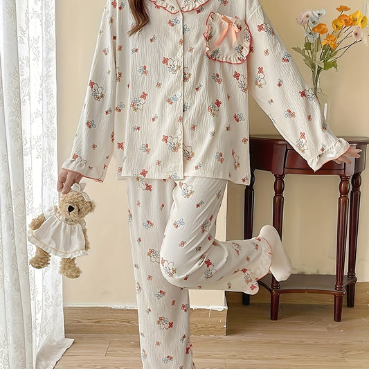 Cartoon Print Lounge Set Long Sleeve Top & Ruffle Pants