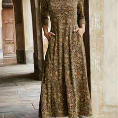  Floral Print Long Sleeve V Neck Dress With Pockets