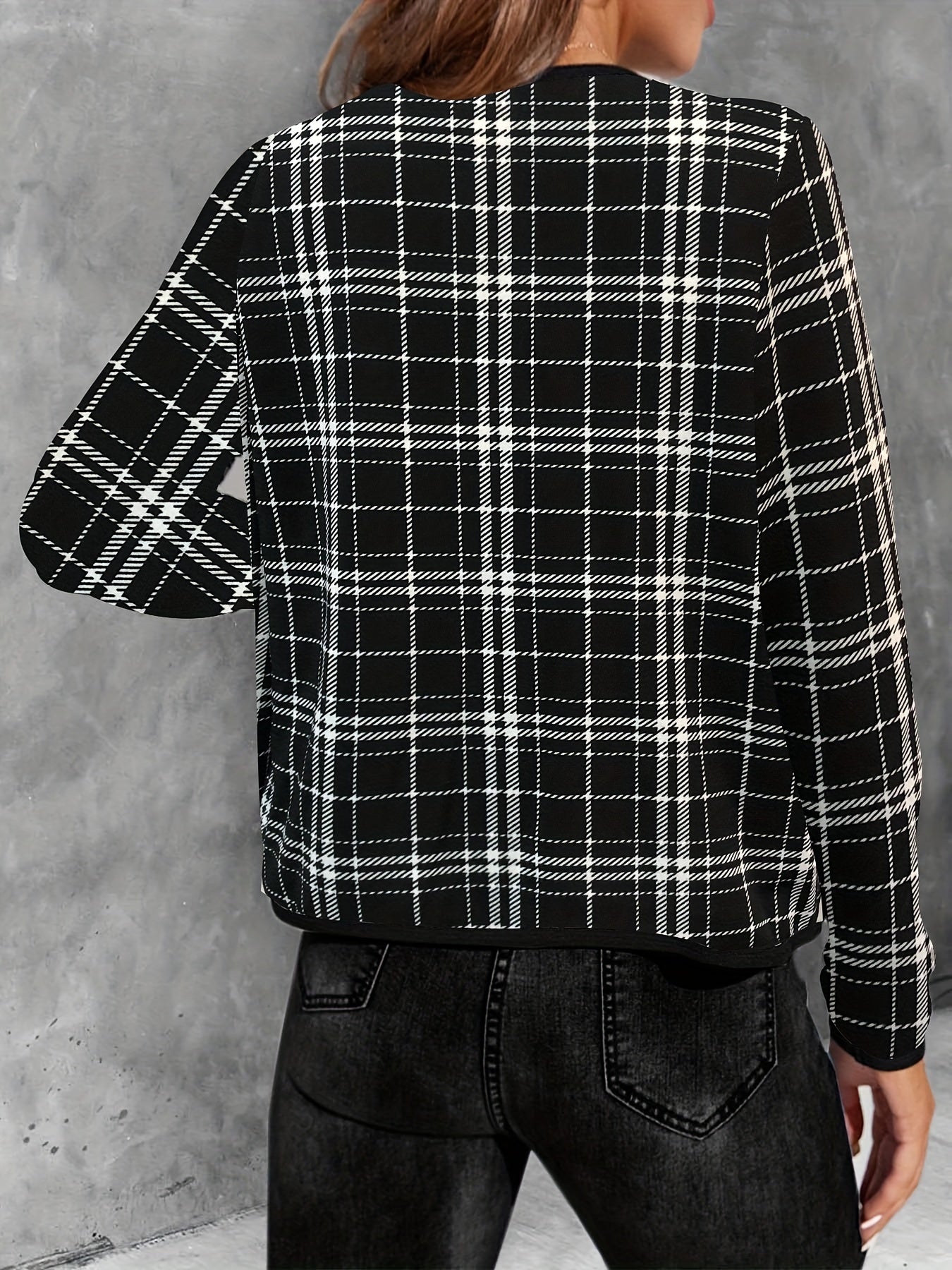 Plaid Print Crew Neck Jacket Open Front Long Sleeve Outerwear