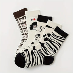 5 Pairs Cartoon Print Socks Comfy & Mid Tube Socks Women's Stockings