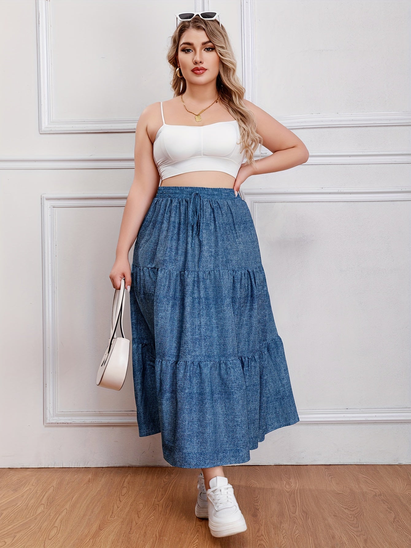  Casual Skirt Women's Plus Denim Print Drawstring Elastic High Rise