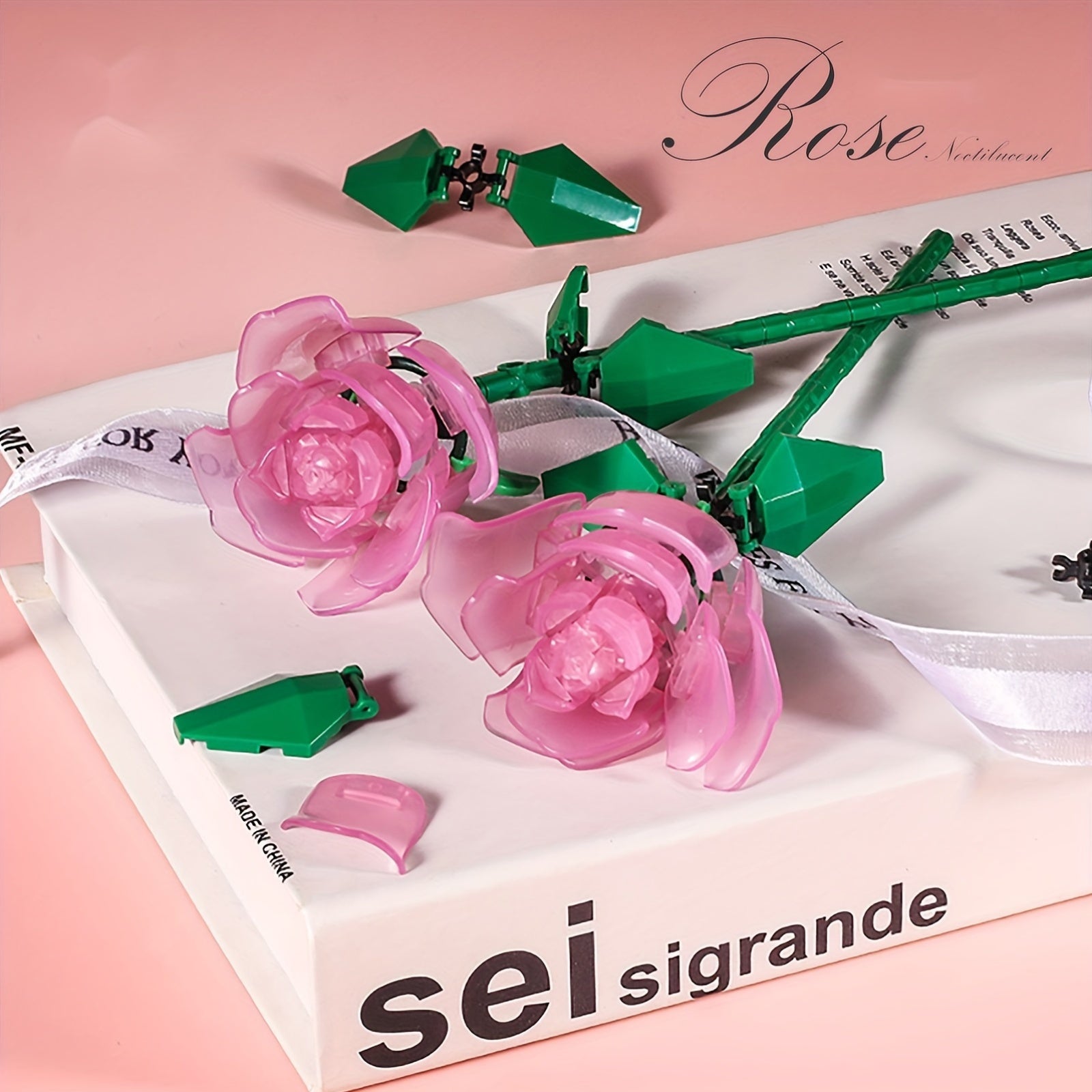 DIY Luminous Rose Building Blocks Pink & Green Plastic Flower Kit