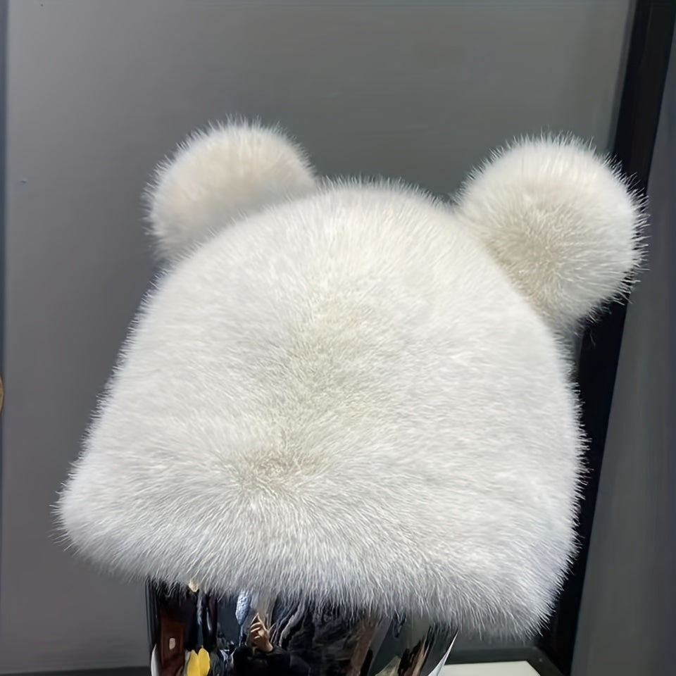 Bear Ears Plush Cloche Hats Faux Fur Warm Bucket Hat