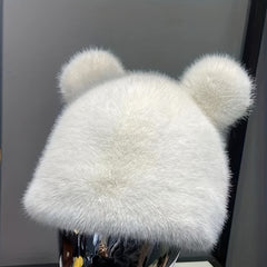 Bear Ears Plush Cloche Hats Faux Fur Warm Bucket Hat