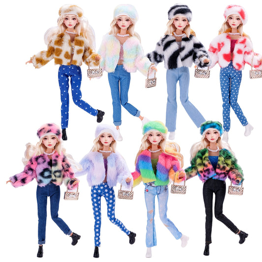 Doll Clothes Set for 11 Inch Doll Faux Fur Coat Denim Jeans Accessories