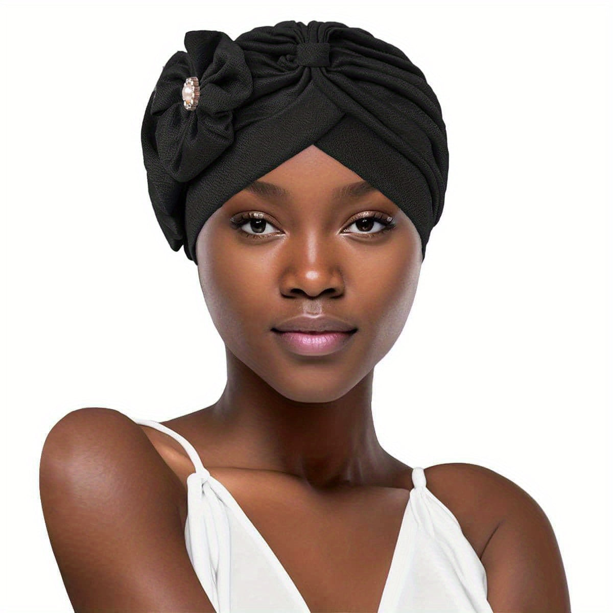 Faux Pearl Flower Turban Cap Bowknot Pleated Head Wraps Elastic Ramadan Head Sca