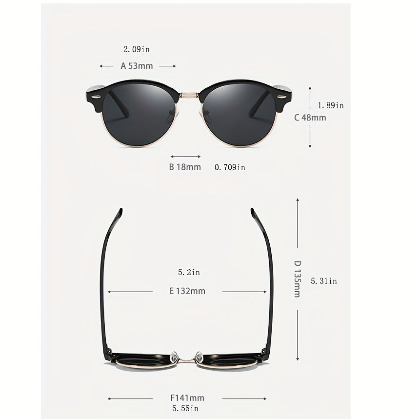 Half Frame Round Polarized Sunglasses Vintage Driving Semi Rimless Eyewear