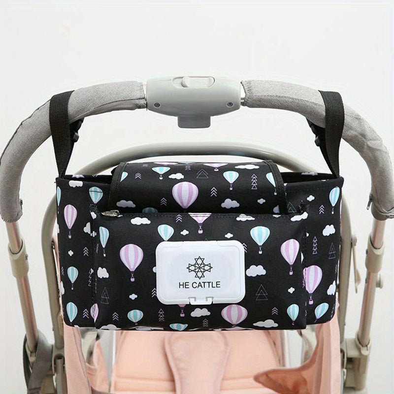 Universal Baby Stroller Storage Bag with Wipes Clip & Reversible Pouch