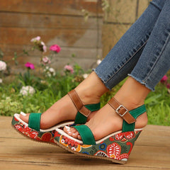 Women's Floral Print Wedge Sandals Colorful Open Toe Buckle Strap Heels