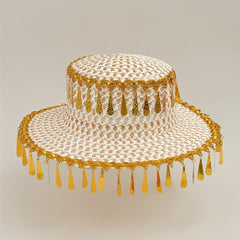 Boho Tassel Sun Hat Flat Top Crochet Straw Hat Mesh Beach Hats