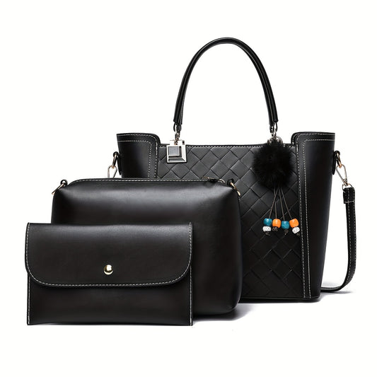 3pcs Tote Bag Inner Bag Clutch Purse Set PU Leather Textured Satchel Bag