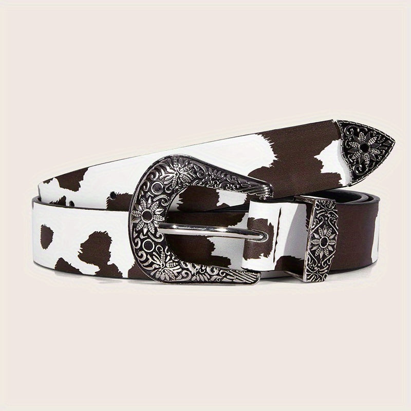  Cow Pattern PU Belt Western Carved Buckle Belts Punk Waistband