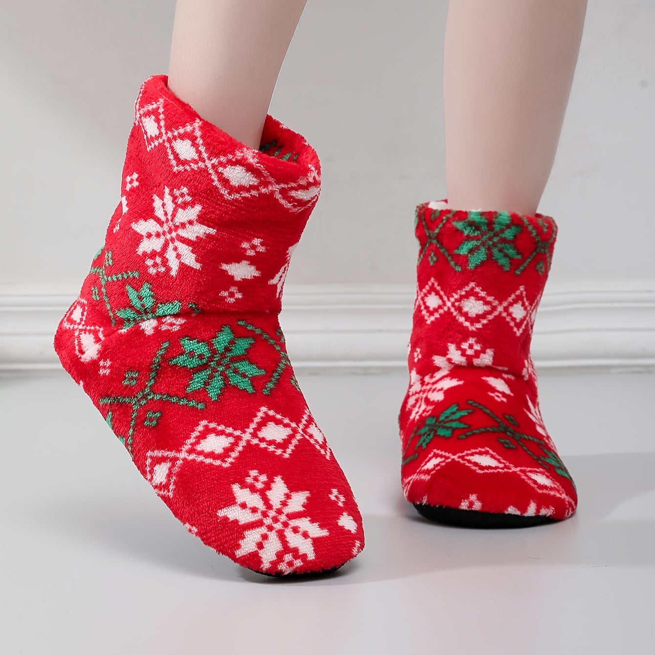 Snowflake Pattern Fuzzy Slipper Boots Christmas Plush Lined Shoes