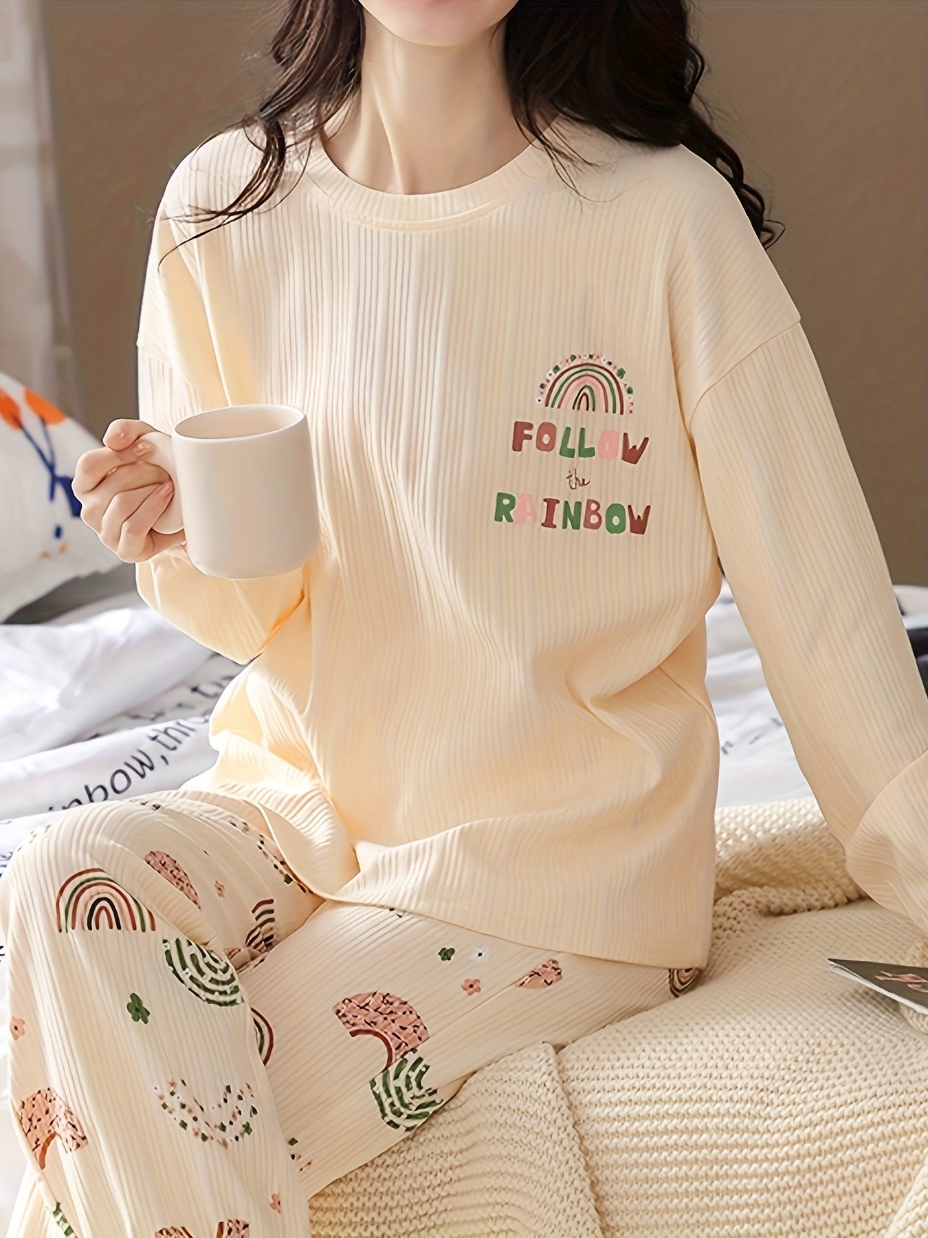 Rainbow Print Pajama Set Long Sleeve Top & Pants Women's Sleepwear