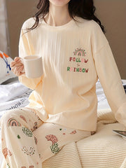 Rainbow Print Pajama Set Long Sleeve Top & Pants Women's Sleepwear