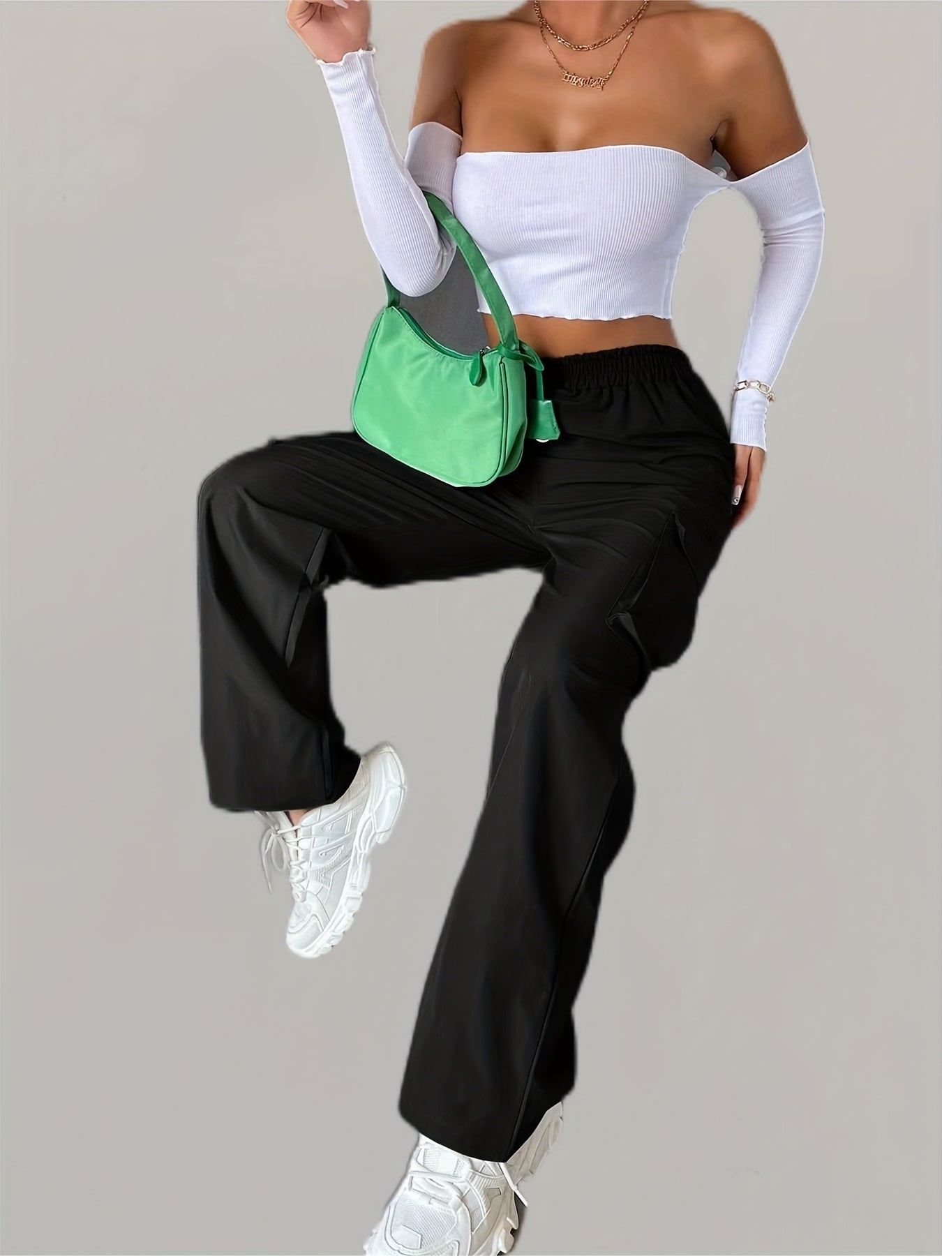 Elastic Waist Wide Leg Cargo Pants w/ Pockets