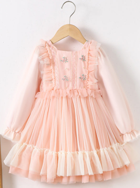 Embroidered Flutter Trim Mesh Dress for Girls