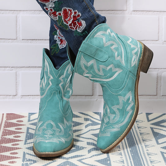 Women's V Cut Western Short Boots Low Chunky Heel Pointed Toe Shoes