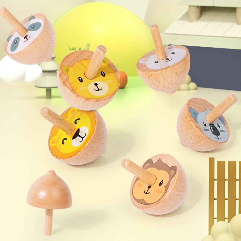 6pcs Wooden Spinning Top Toys Cartoon Fruit Animal Theme Patterns Classic Game